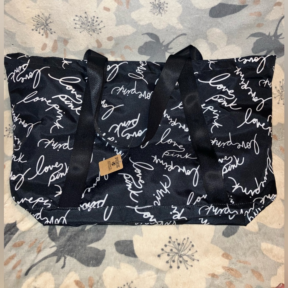 PINK Victoria's Secret NWT Black Tote Bag with White Script